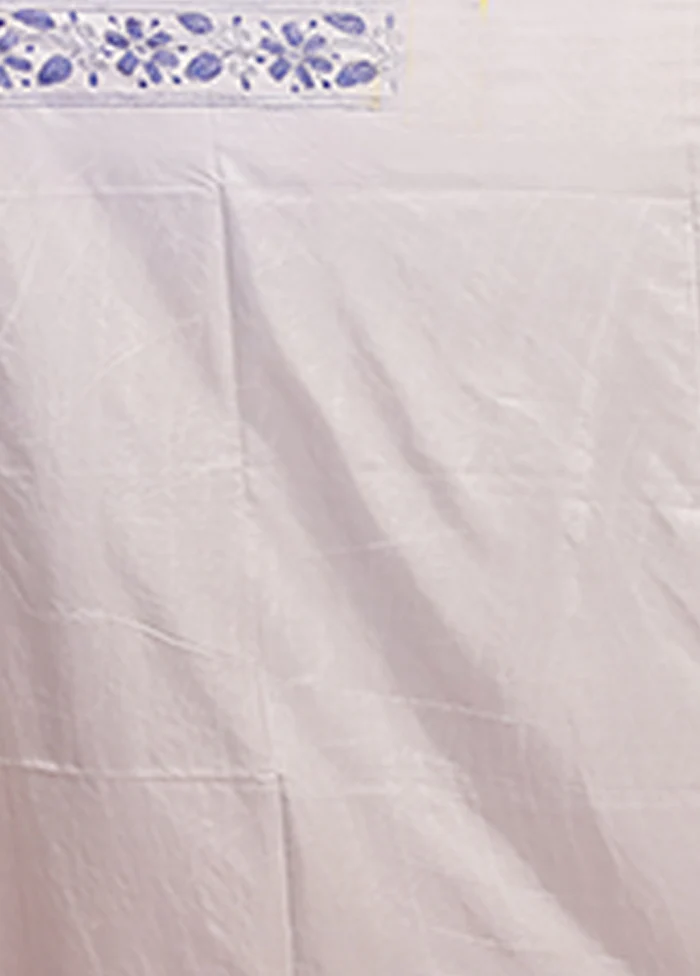 White Kantha Stitch Silk Saree With Blouse Piece - Image 5