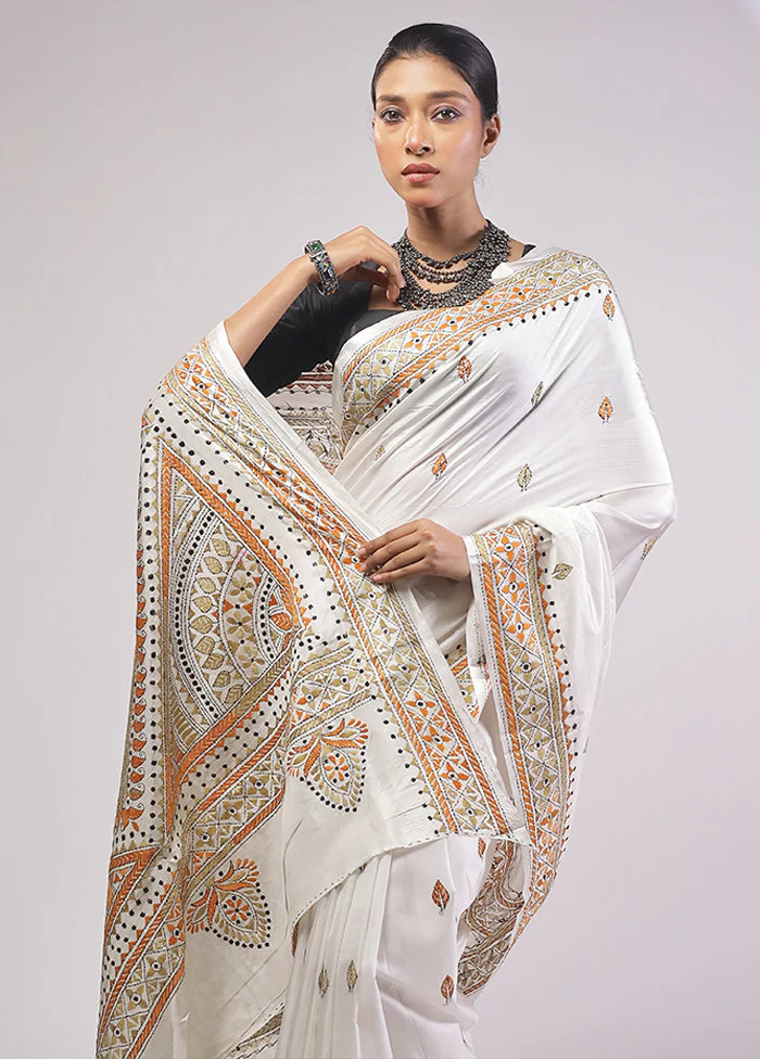 White Kantha Stitch Silk Saree With Blouse Piece