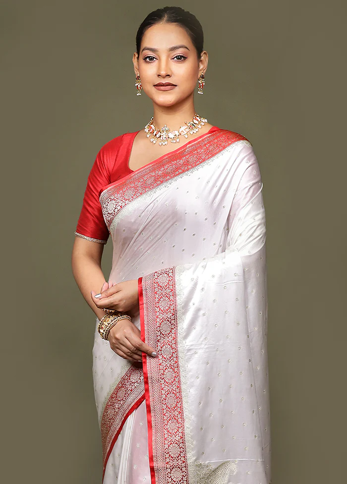 White Katan Silk Saree With Blouse Piece