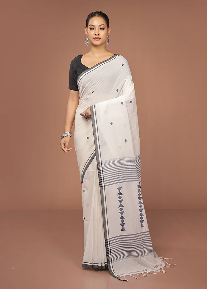 White Khadi Cotton Saree With Blouse Piece - Image 2