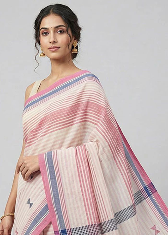 White Khadi Cotton Saree With Blouse Piece - Image 2