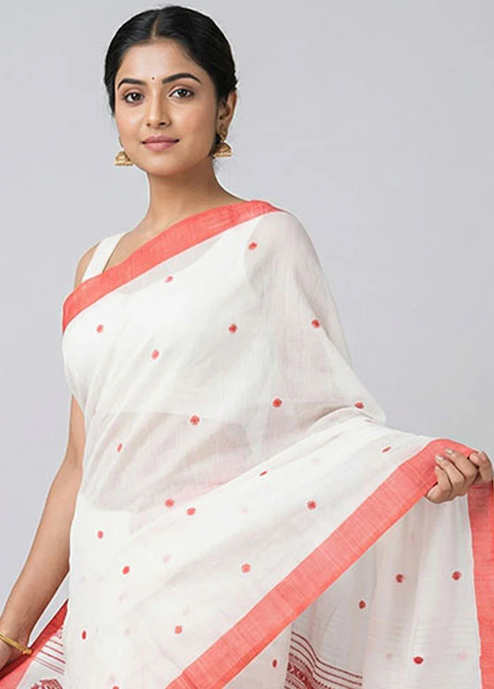 White Khadi Cotton Saree With Blouse Piece - Image 2
