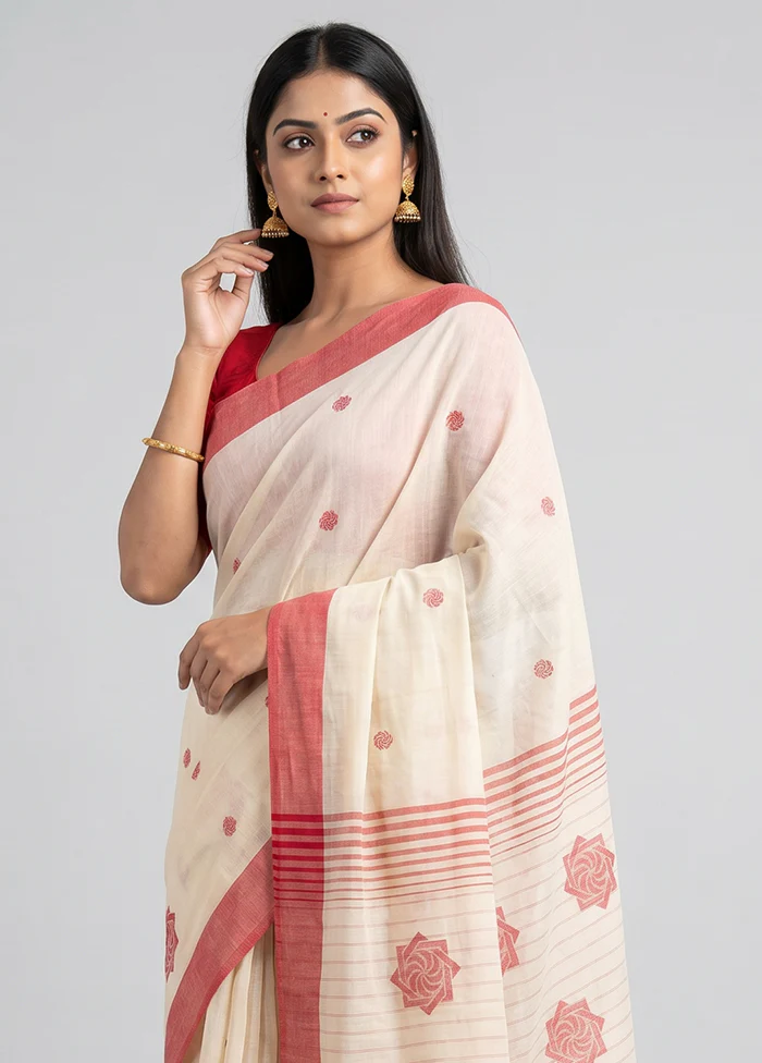 White Khadi Cotton Saree With Blouse Piece - Image 2