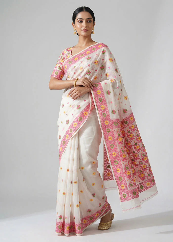 White Kora Silk Saree With Blouse Piece
