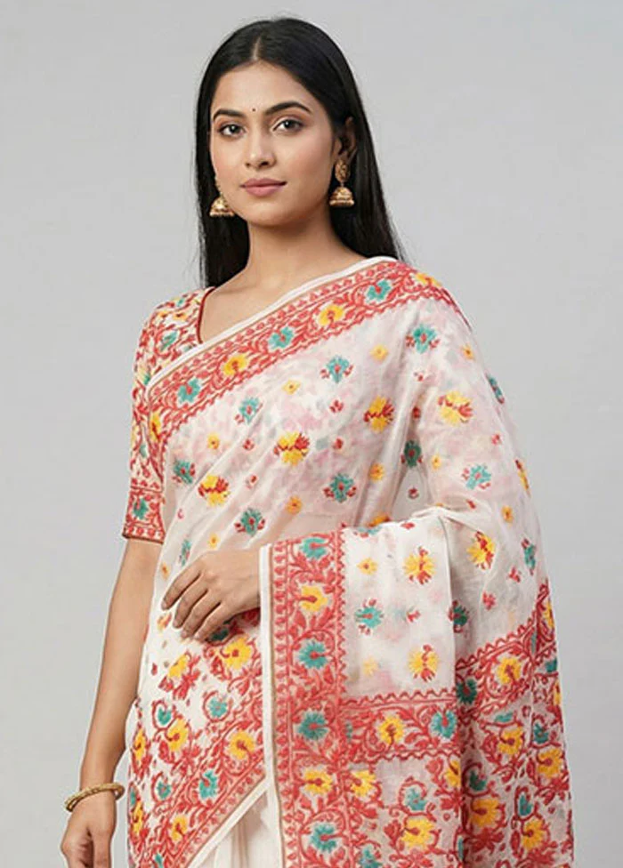 White Kora Silk Saree With Blouse Piece - Image 2