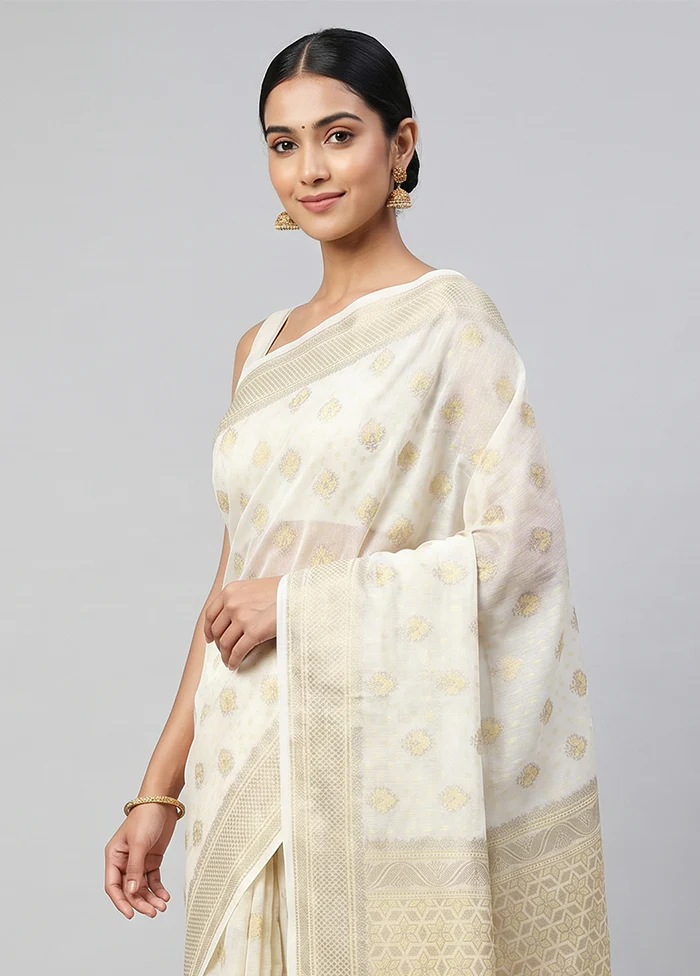White Kora Silk Saree With Blouse Piece - Image 2