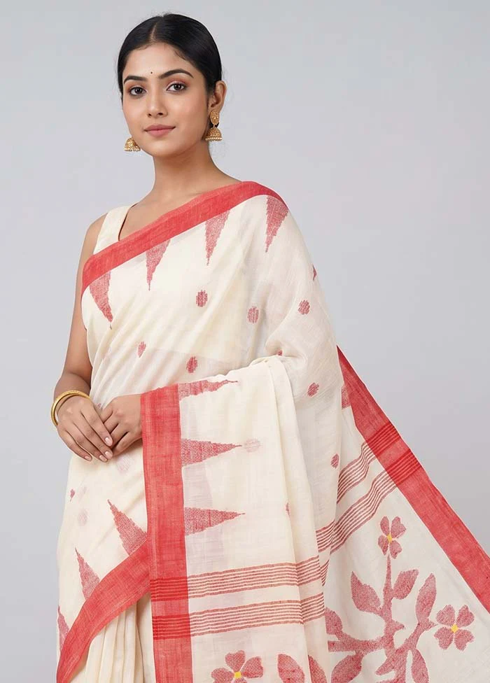 White Linen Silk Saree With Blouse Piece - Image 2