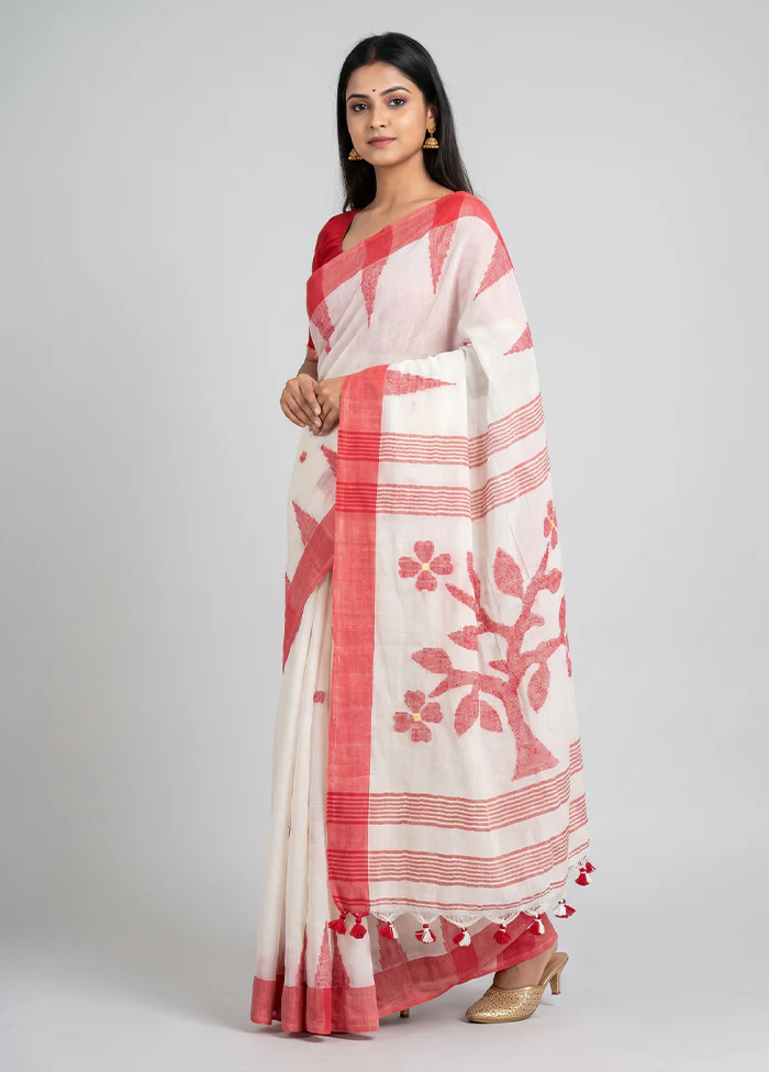White Linen Silk Saree With Blouse Piece