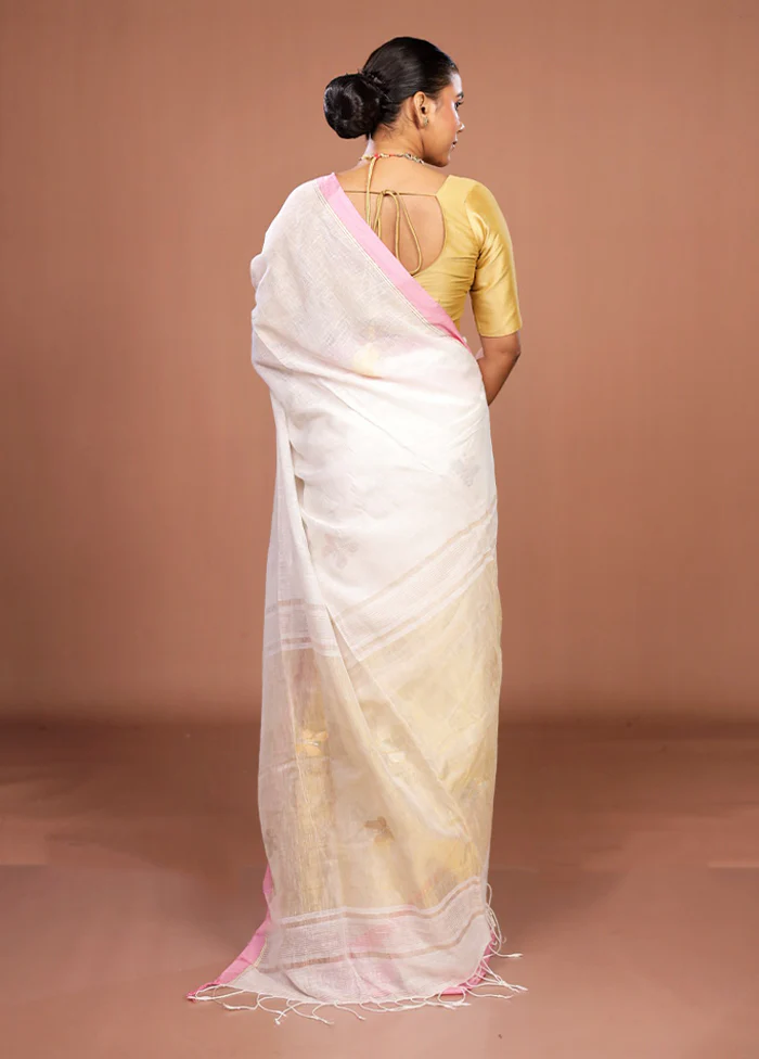 White Linen Silk Saree With Blouse Piece - Image 3