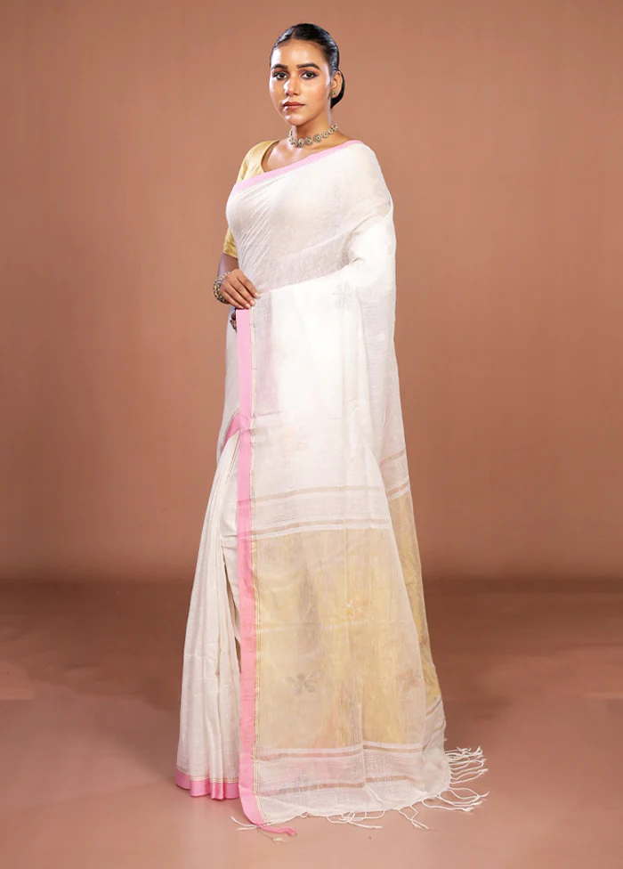 White Linen Silk Saree With Blouse Piece - Image 4