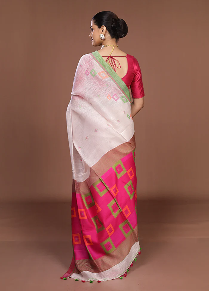 White Linen Silk Saree With Blouse Piece - Image 3