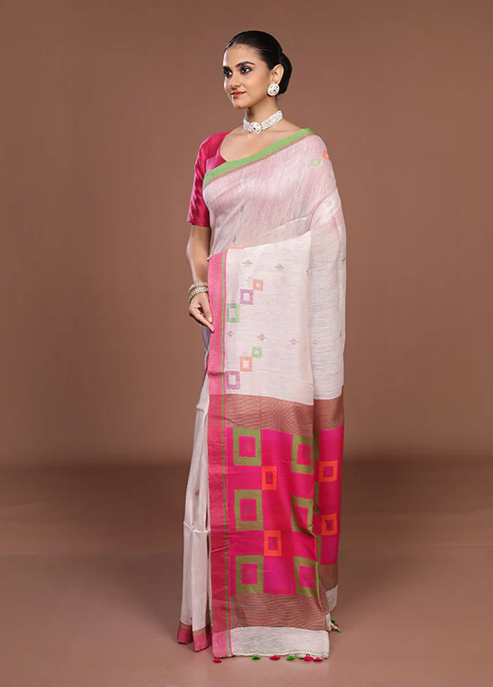 White Linen Silk Saree With Blouse Piece - Image 4