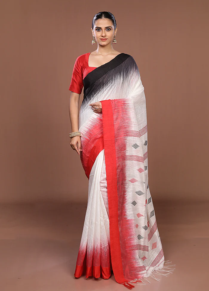 White Matka Silk Saree With Blouse Piece - Image 2