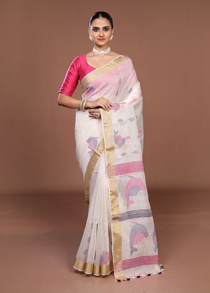 White Matka Silk Saree With Blouse Piece - Image 2