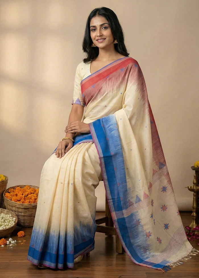 White Matka Silk Saree With Blouse Piece - Image 3