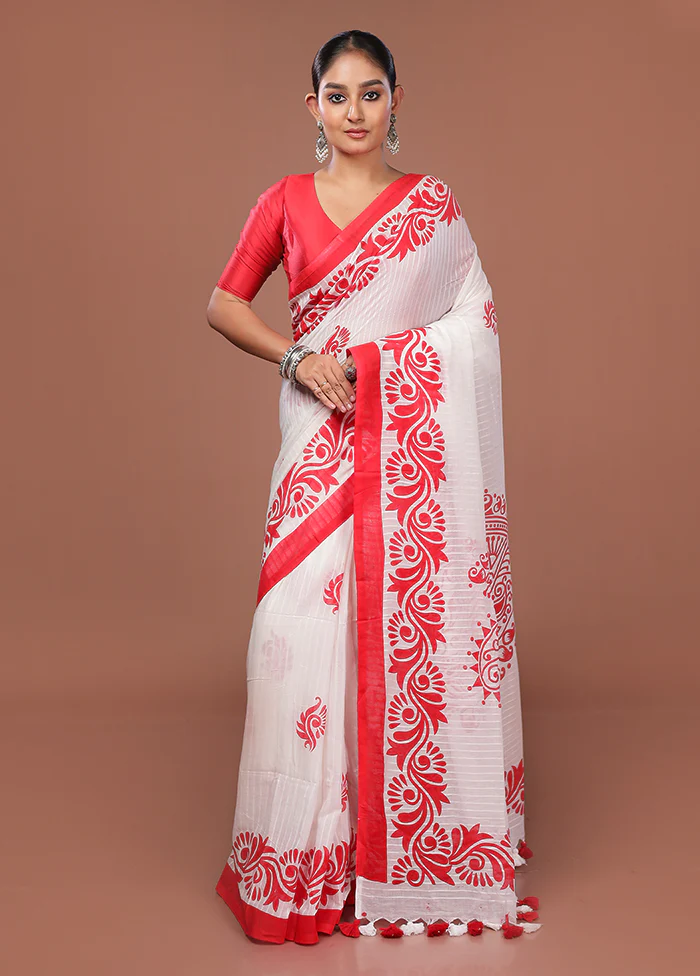 White Matka Silk Saree With Blouse Piece - Image 2