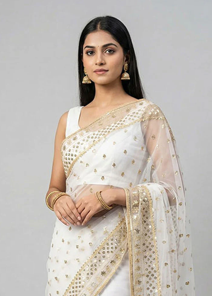 White Net Saree With Blouse Piece - Image 2