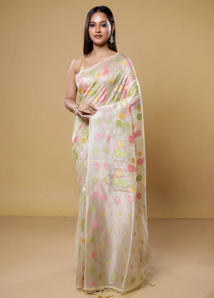 White Organza Saree With Blouse Piece - Image 2