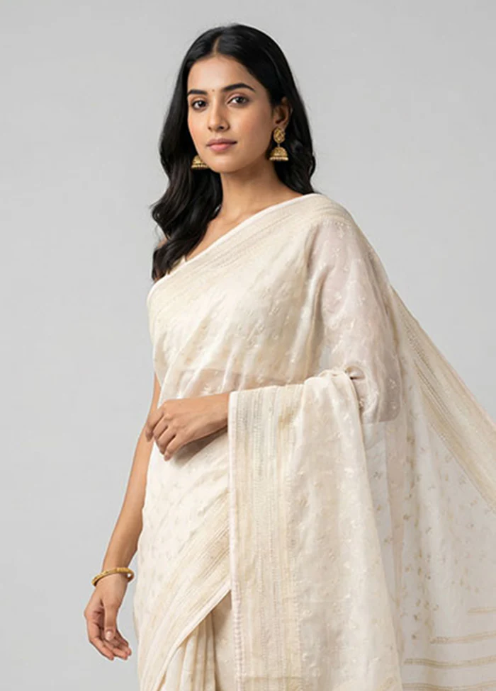 White Organza Saree With Blouse Piece - Image 2