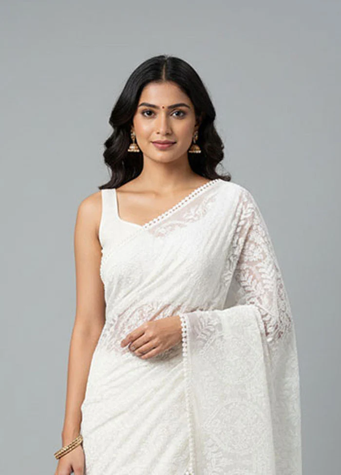 White Organza Saree With Blouse Piece - Image 2