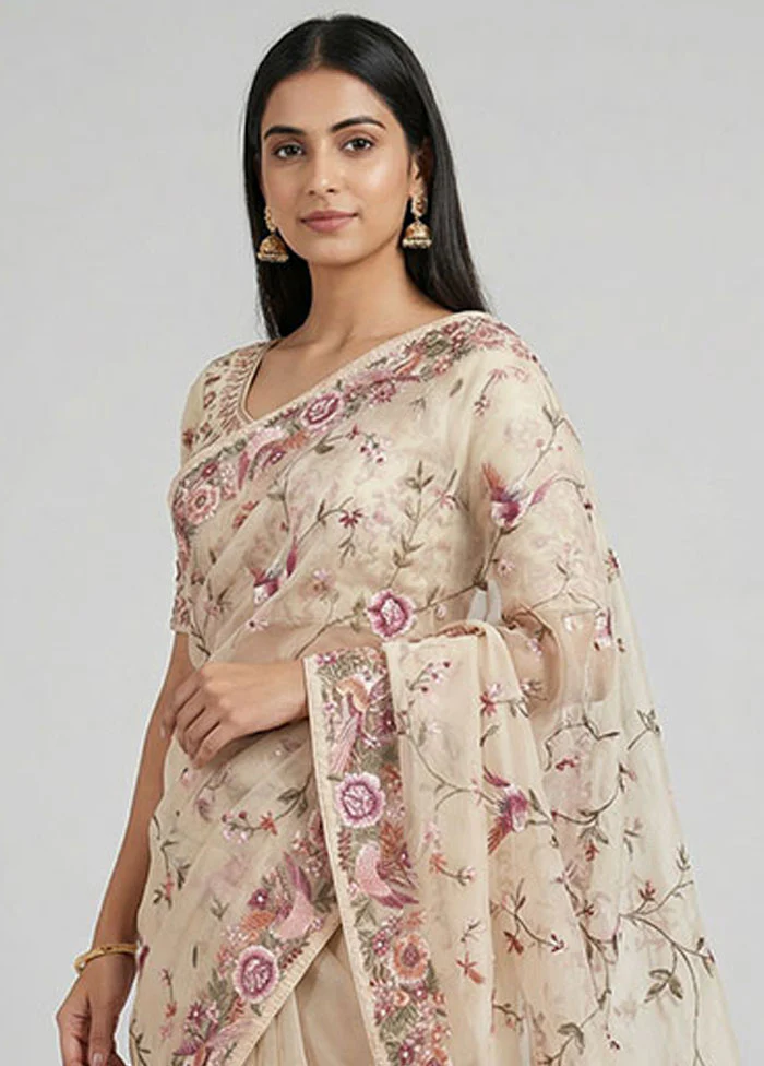 White Organza Saree With Blouse Piece - Image 2