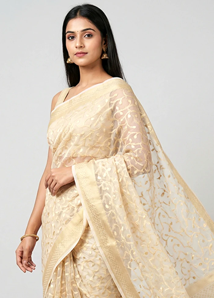 White Organza Saree With Blouse Piece - Image 2