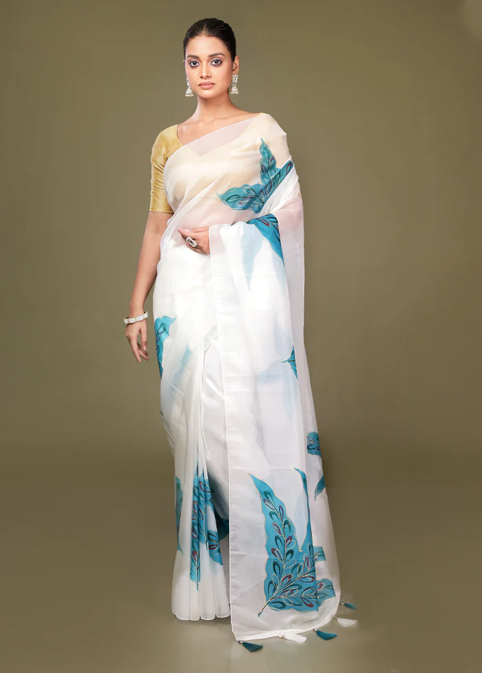 White Organza Saree With Blouse Piece - Image 2