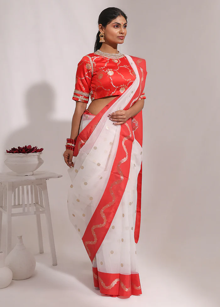 White Organza Saree With Blouse Piece - Image 4