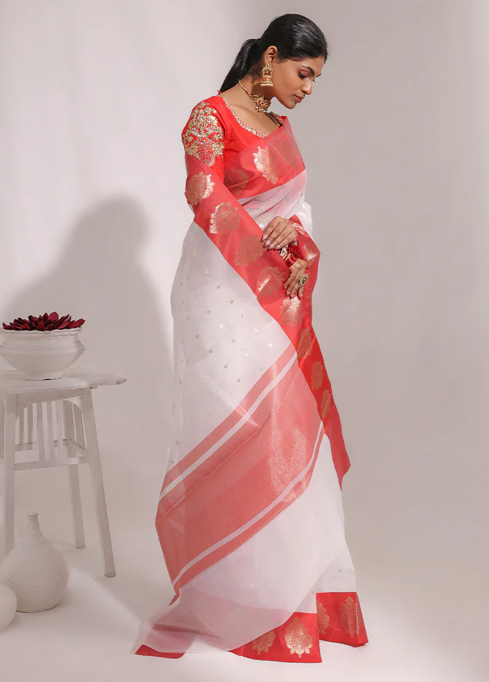 White Organza Saree With Blouse Piece - Image 2