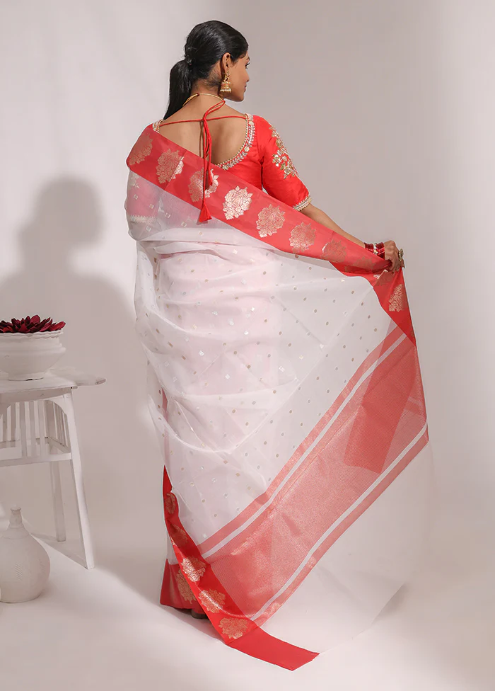 White Organza Saree With Blouse Piece - Image 3