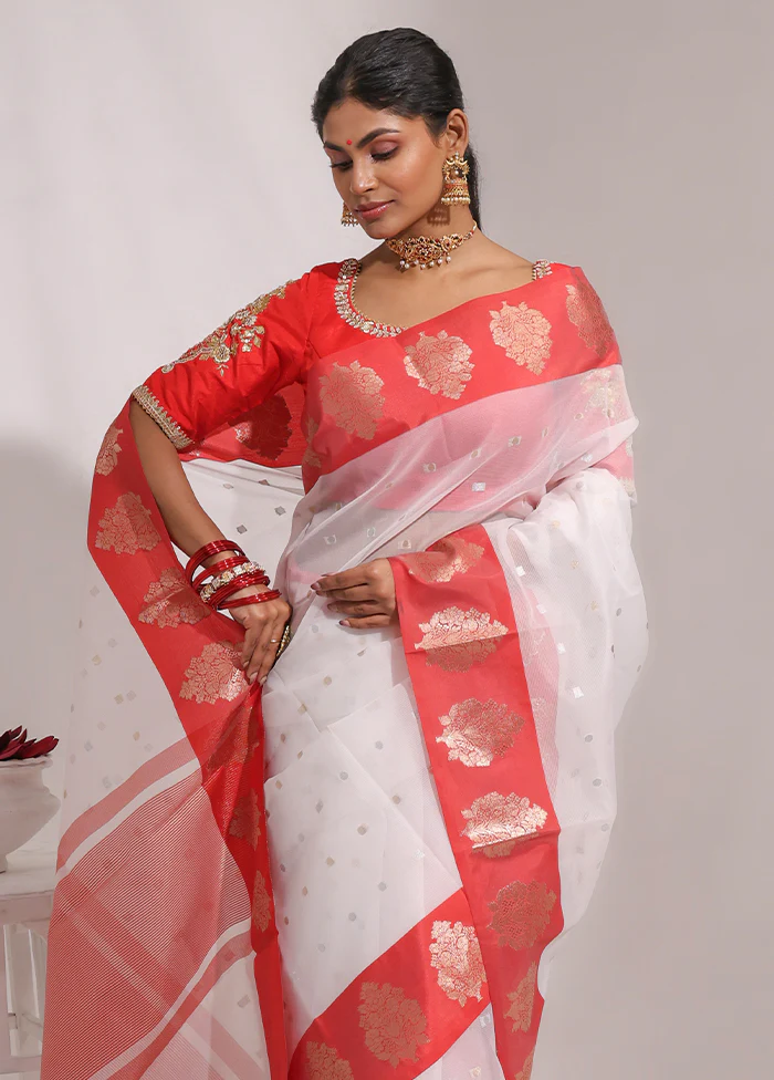 White Organza Saree With Blouse Piece - Image 4