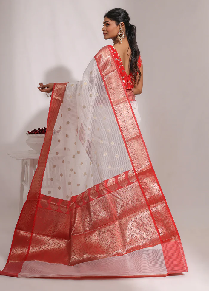 White Organza Saree With Blouse Piece - Image 3