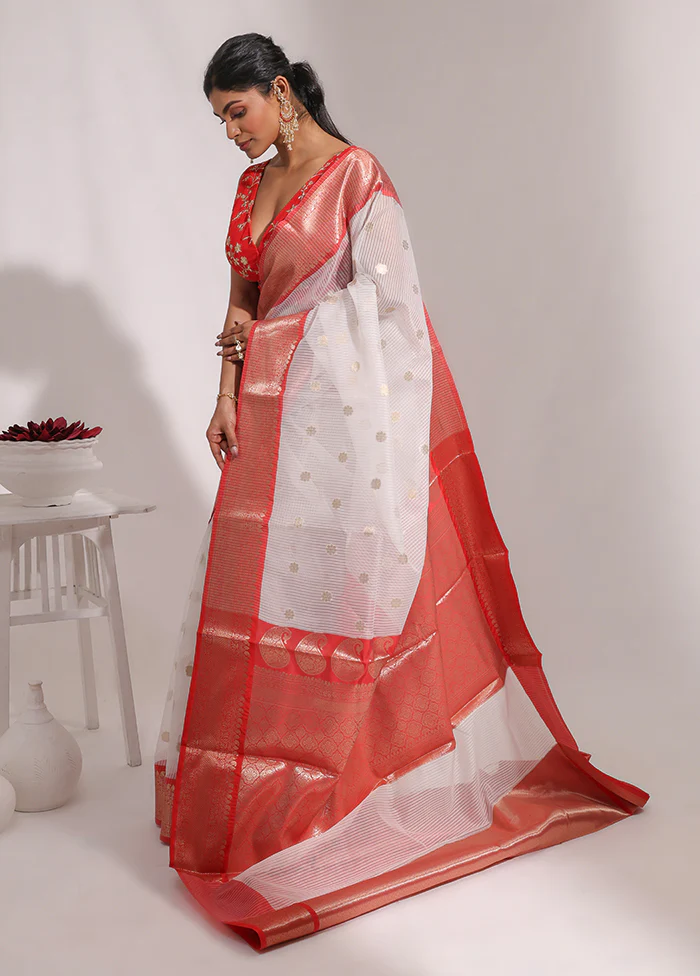 White Organza Saree With Blouse Piece - Image 4