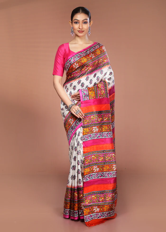 White Printed Pure Silk Saree Without Blouse Piece - Image 2