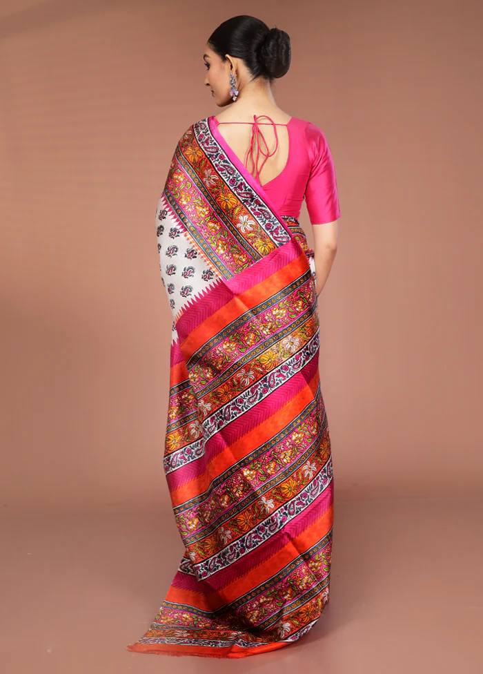 White Printed Pure Silk Saree Without Blouse Piece - Image 3