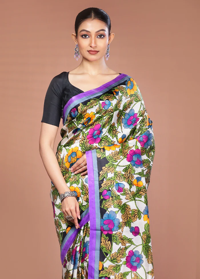 White Printed Pure Silk Saree Without Blouse Piece