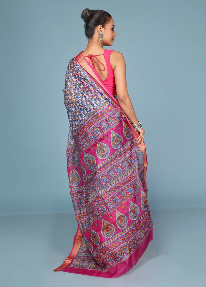 White Printed Pure Silk Saree Without Blouse Piece - Image 3