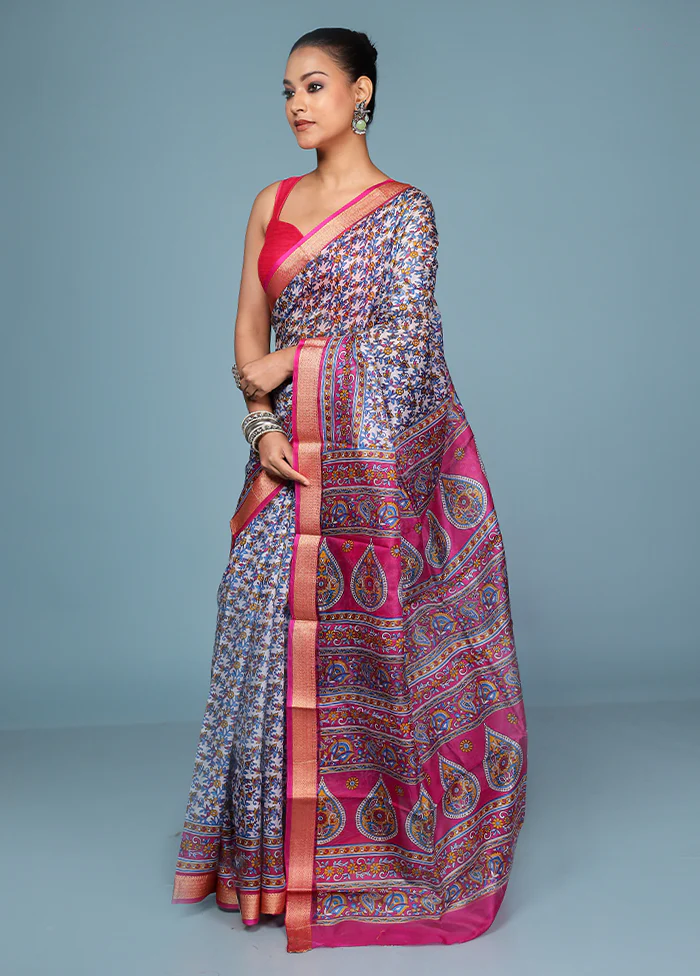 White Printed Pure Silk Saree Without Blouse Piece - Image 4