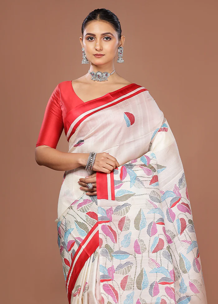 White Printed Pure Silk Saree Without Blouse Piece