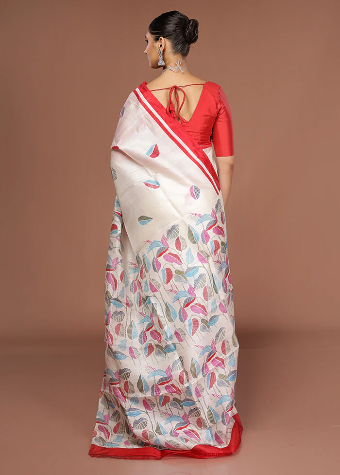 White Printed Pure Silk Saree Without Blouse Piece - Image 3
