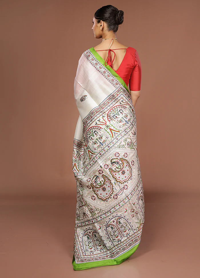White Printed Silk Saree Without Blouse Piece - Image 3