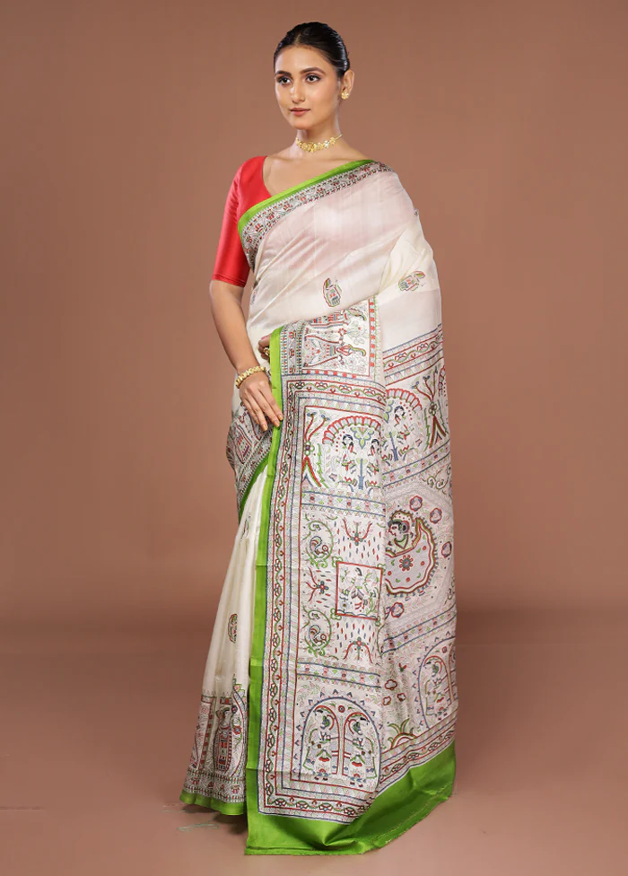 White Printed Silk Saree Without Blouse Piece - Image 4