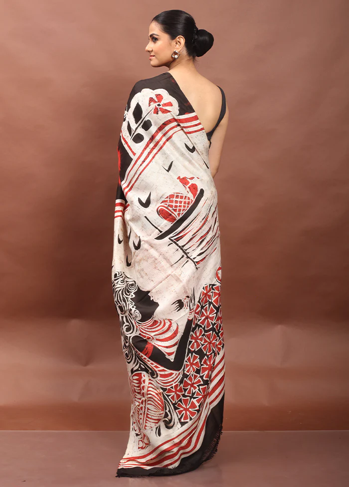White Printed Pure Silk Saree Without Blouse Piece - Image 3