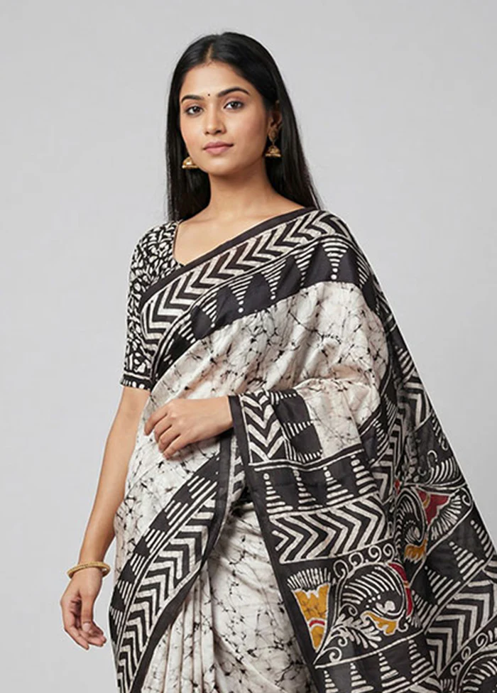 White Printed Pure Silk Saree Without Blouse Piece - Image 2