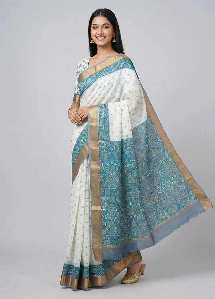 White Printed Pure Silk Saree Without Blouse Piece
