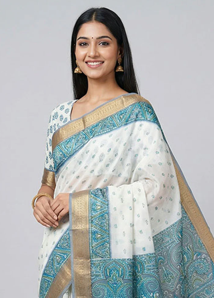 White Printed Pure Silk Saree Without Blouse Piece - Image 2