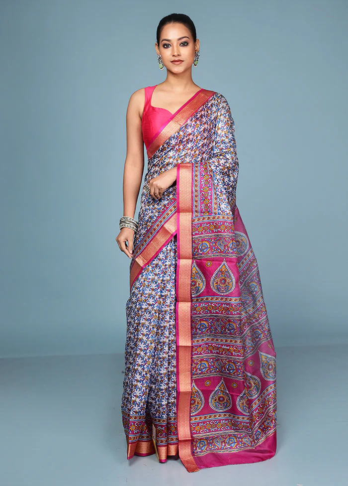 White Printed Pure Silk Saree Without Blouse Piece - Image 2