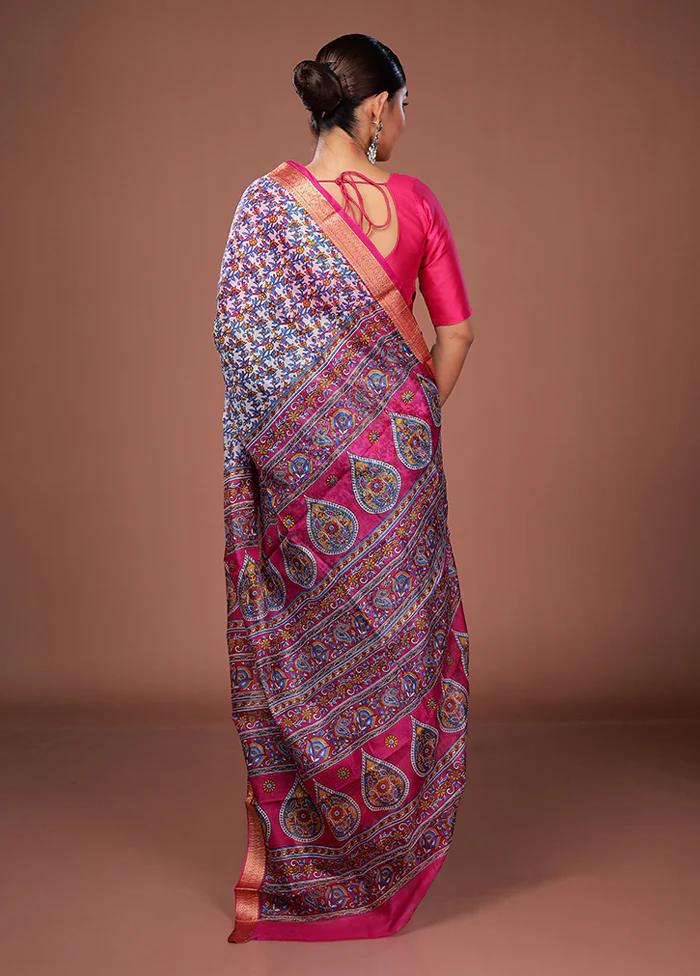 White Printed Pure Silk Saree Without Blouse Piece - Image 3