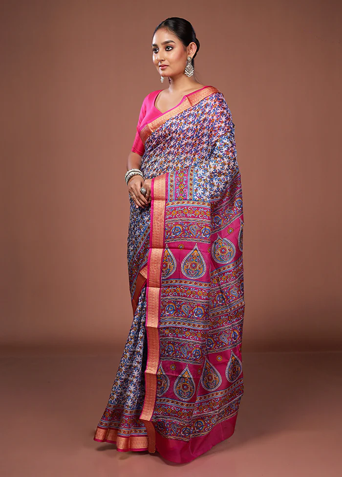 White Printed Pure Silk Saree Without Blouse Piece - Image 4