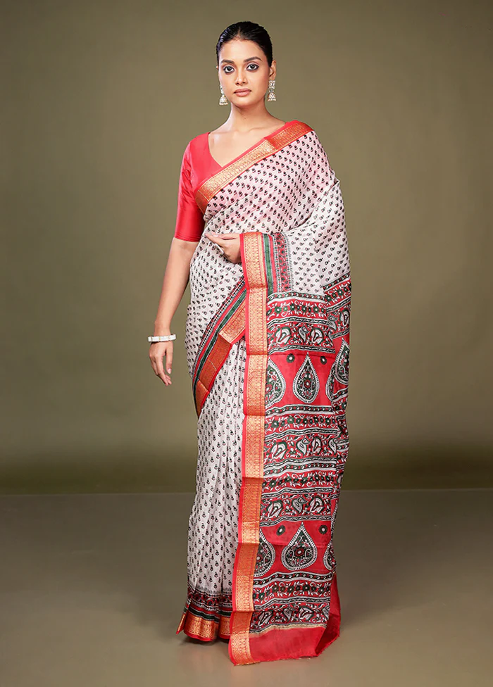 White Printed Silk Saree Without Blouse Piece - Image 2